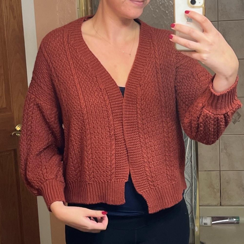 Burnt orange red cable knit sweater cardigan